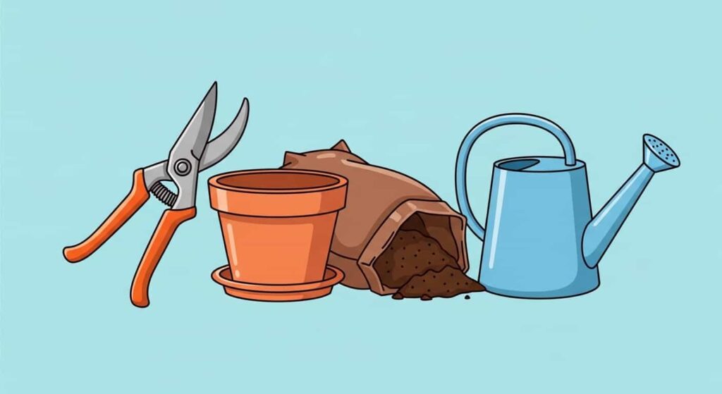 Cartoon illustration of supplies needed for dividing a Peperomia plant including pruning shears, a terracotta pot, potting soil, and a watering can.