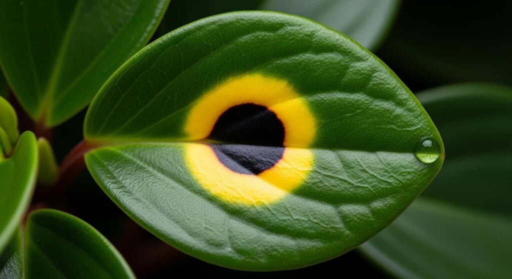 Macro shot of a Peperomia leaf with a circular black spot and distinct yellow halo caused by a fungal infection