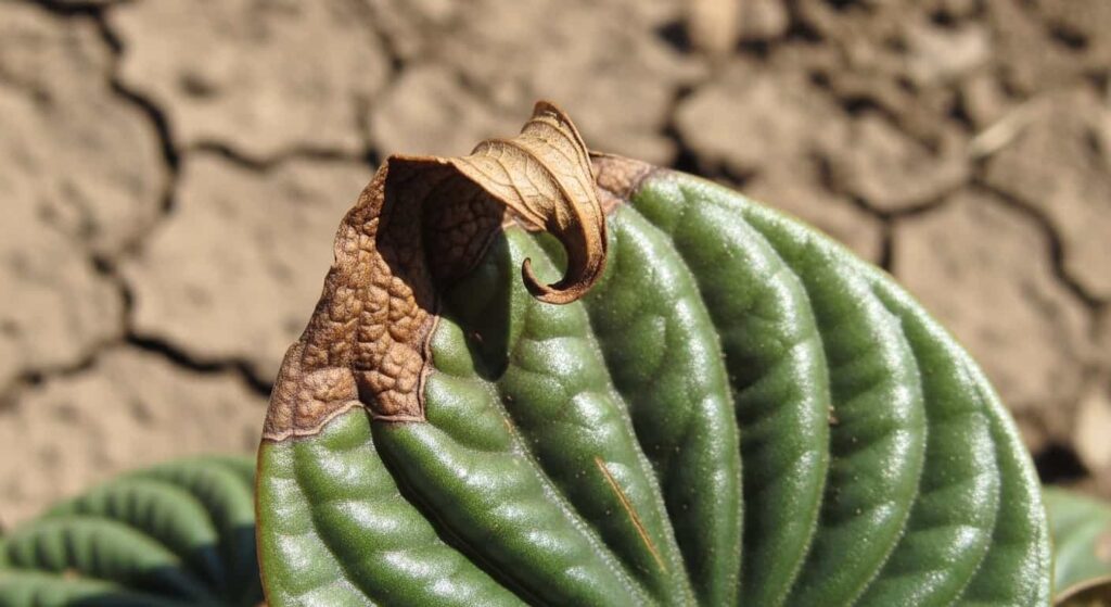Baby rubber plant leaf showing dry crispy brown tip and curling from underwatering and drought stress