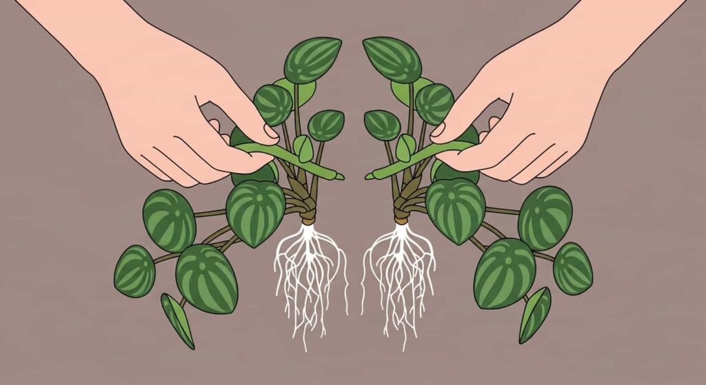 Flat cartoon illustration demonstrating how to divide a Peperomia obtusifolia plant by separating the root ball into two sections.