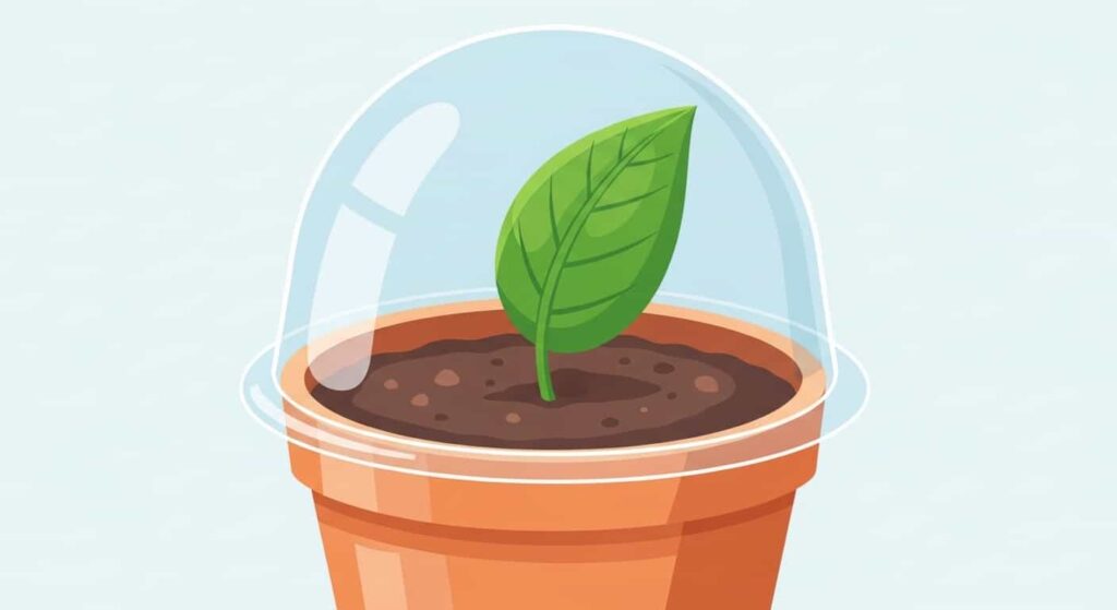 Flat cartoon illustration of Peperomia leaf planted in soil covered with a plastic humidity dome for propagation.