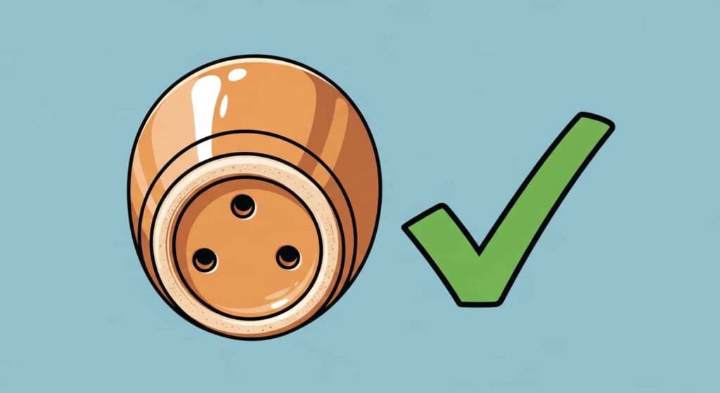 An upside-down ceramic pot clearly showing three drainage holes with a green checkmark.