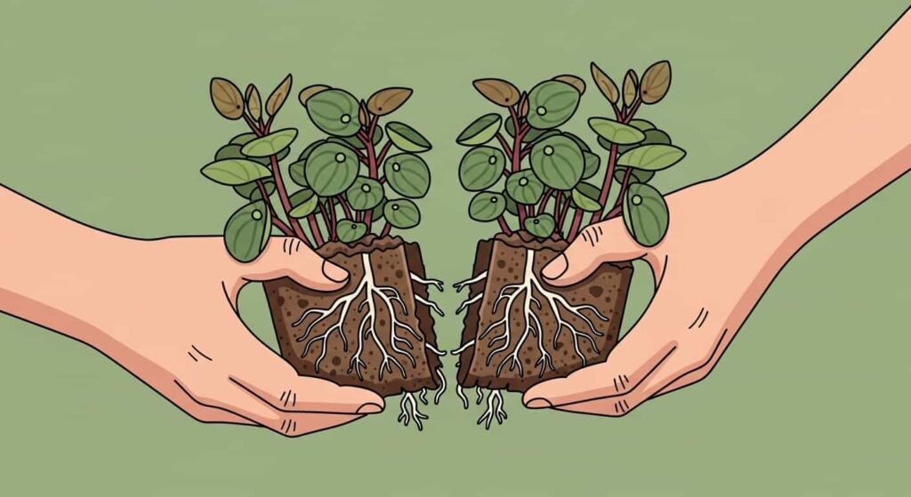 Flat cartoon illustration showing the division step where two sections of a Peperomia obtusifolia plant are gently separated by hand, revealing roots and stems.