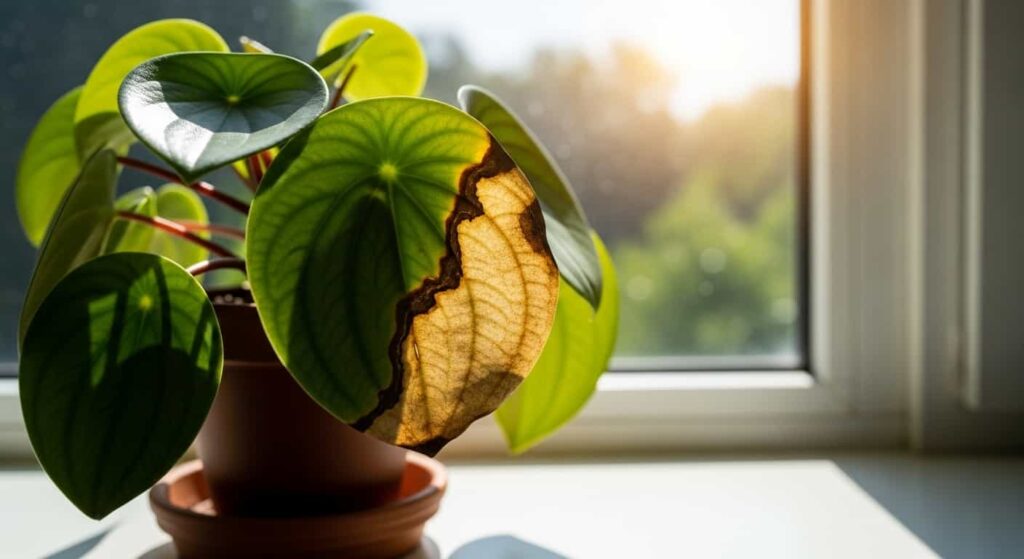 A Peperomia obtusifolia on a windowsill with a large crispy black sunburn patch on the leaf facing the sun