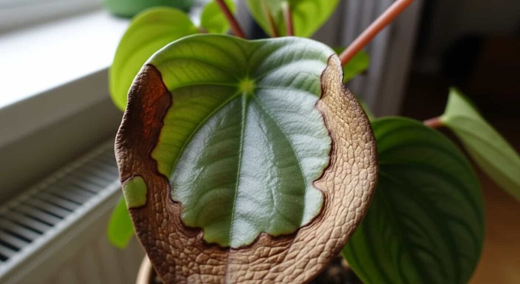 Brown crispy leaf edges on Peperomia Obtusifolia caused by low humidity and dry indoor air in winter