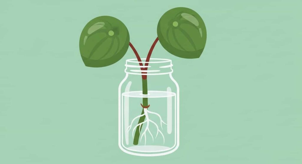 Flat cartoon of a Peperomia obtusifolia stem cutting rooting in a glass jar of water, showing visible white roots.