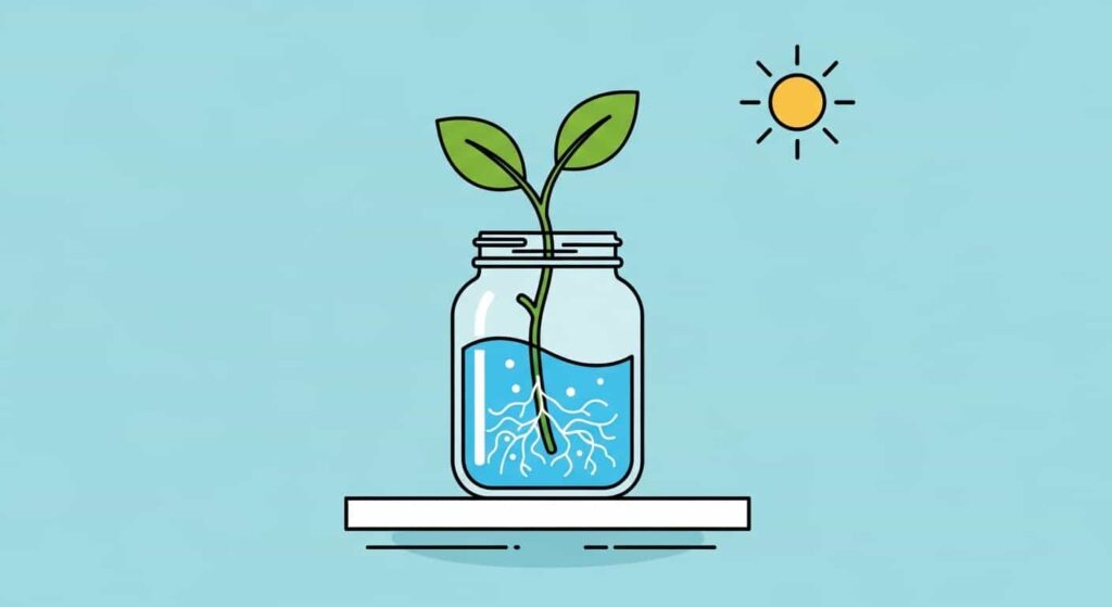 Cartoon illustration of a propagated Peperomia cutting in a jar on a windowsill with visible roots.