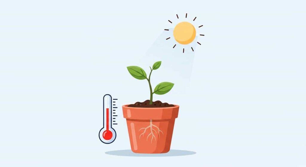 Flat cartoon illustration depicting the ideal warm temperature and bright indirect light needed for Peperomia cutting propagation.