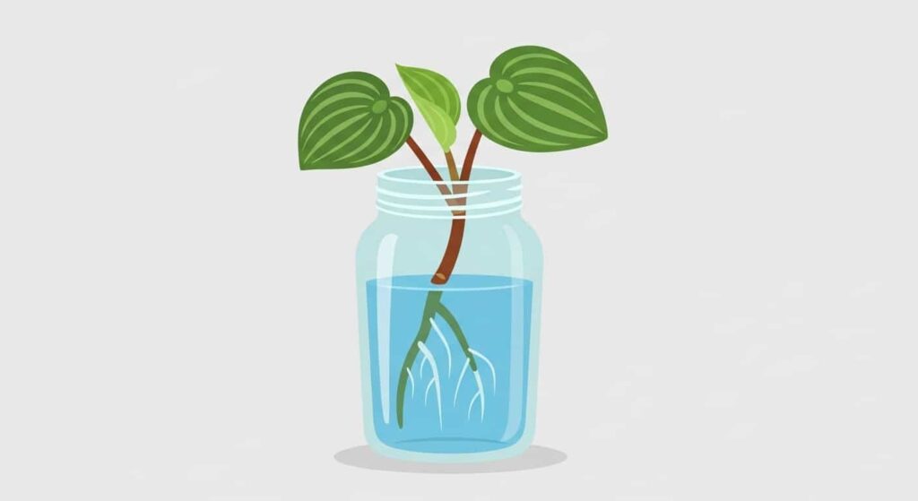 Cartoon Peperomia stem cutting rooting in clear glass jar with water