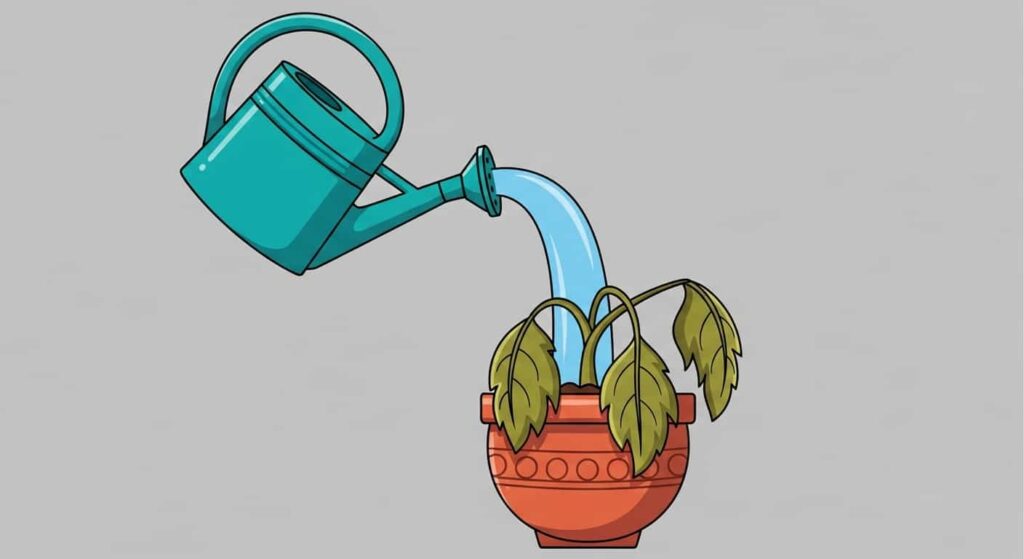 A watering can pouring water into a decorative pot without drainage holes, resulting in a wilted plant to illustrate common potting mistakes.