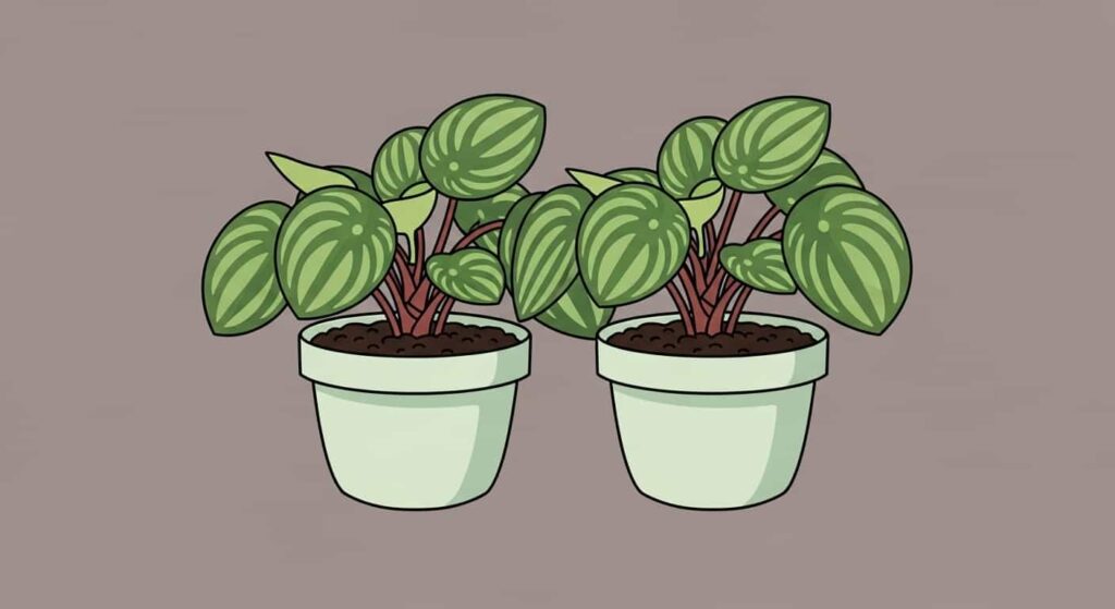Cartoon image of two new Peperomia obtusifolia plants potted separately after division, sitting next to each other.