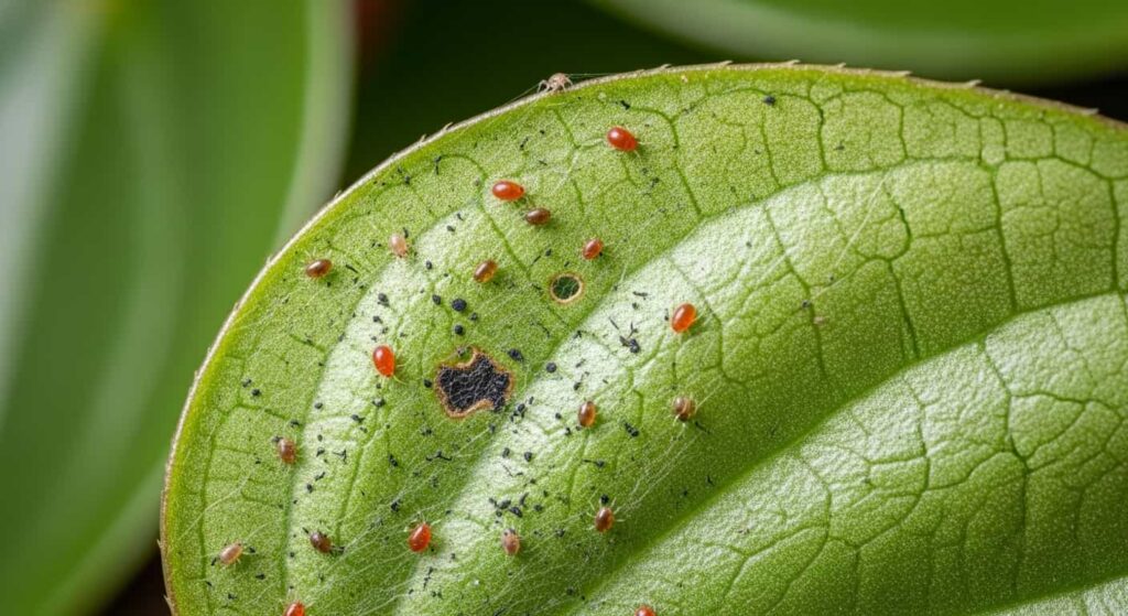 Underside of a Peperomia leaf showing spider mites, fine webbing, and tiny black spots from pest feeding damage