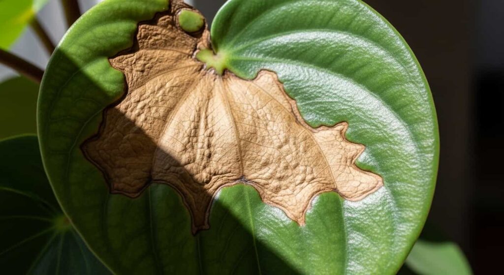 Sunburn damage on baby rubber plant leaf showing dry papery brown patch from too much direct sunlight