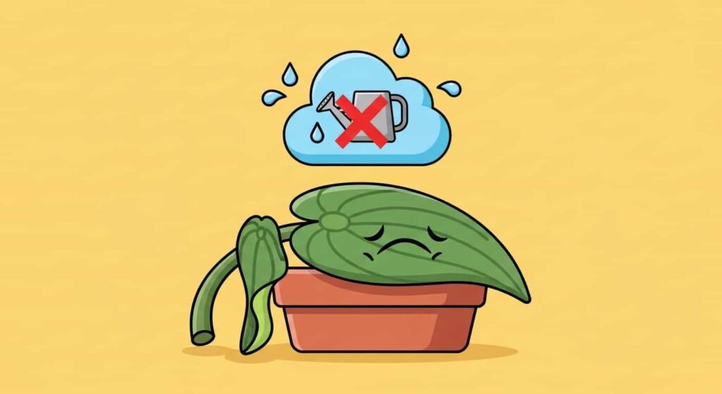 Flat cartoon illustration showing a wilted Peperomia leaf cutting with a red "X" over a watering can, representing overwatering as a common propagation problem.