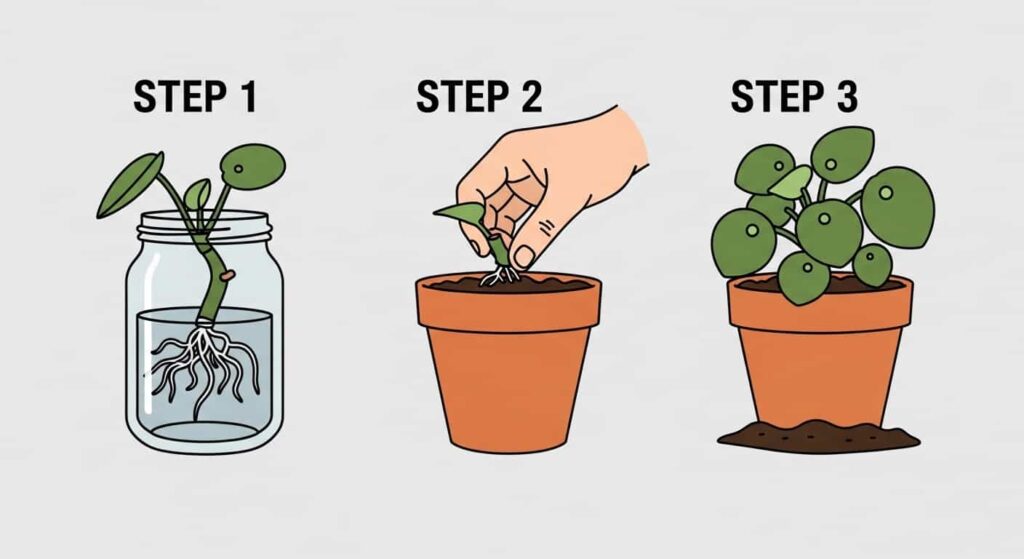 Step by step cartoon guide showing transplanting a water propagated Peperomia into a soil pot.