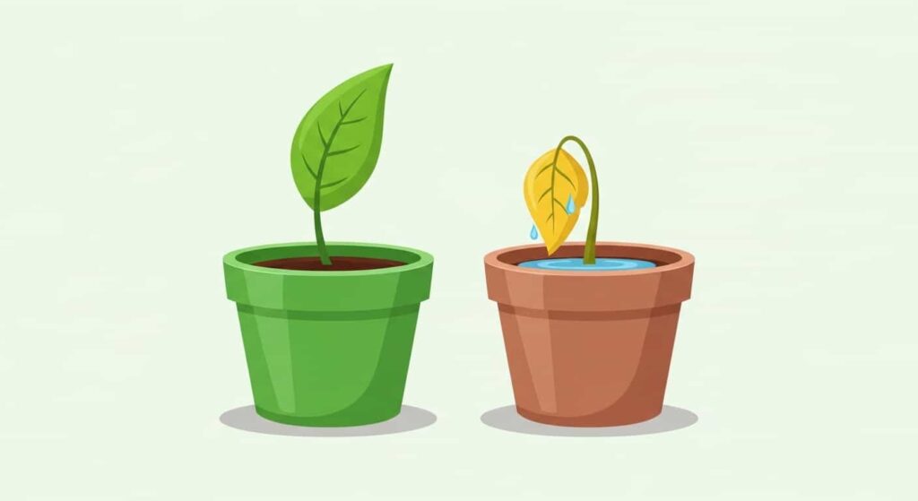 Flat cartoon comparison image showing overwatering damage during Peperomia propagation with a healthy leaf versus a yellow mushy leaf.