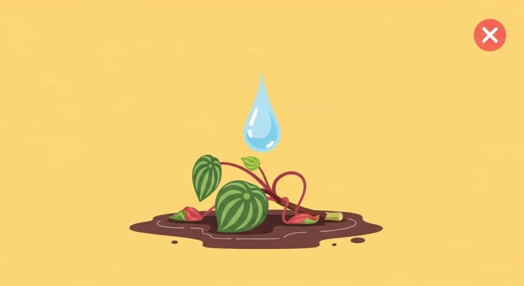 Cartoon illustration of overwatered Peperomia cutting wilting in wet soil