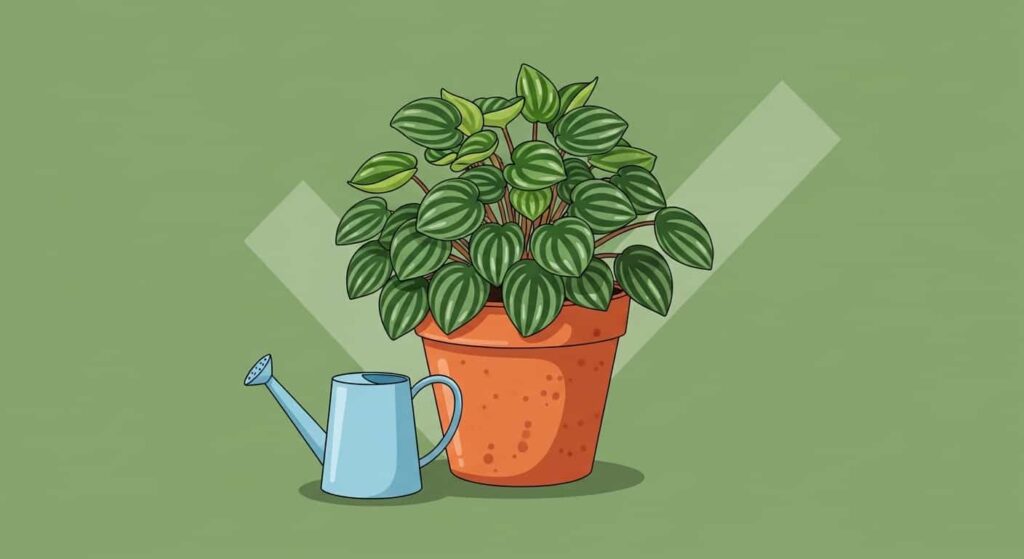 A healthy Peperomia Obtusifolia plant in a terracotta pot with a watering can nearby, symbolizing proper plant care.