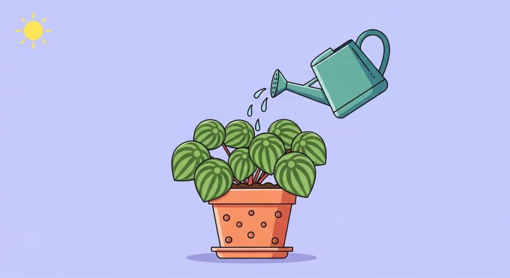 Flat cartoon illustration demonstrating proper aftercare for a divided Peperomia, showing careful watering and bright indirect light.