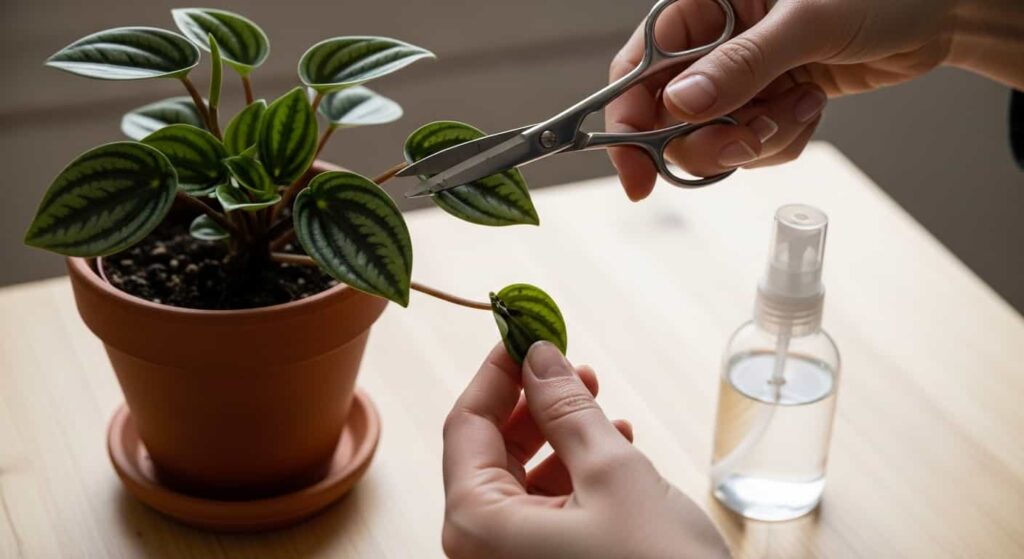 A person trimming a damaged black spotted leaf off a Peperomia obtusifolia using sharp scissors as part of plant triage