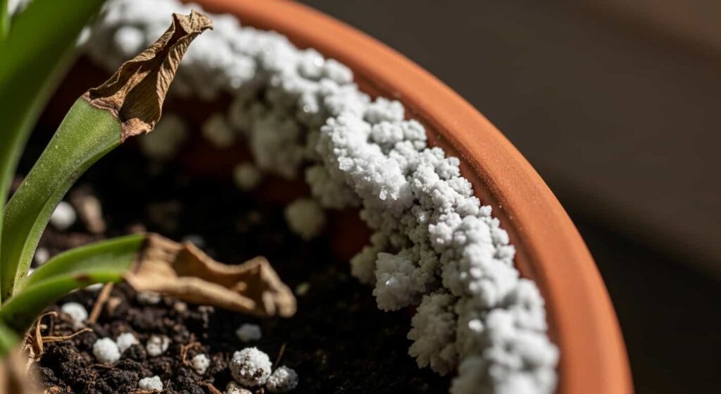 White mineral salt buildup on soil surface of Peperomia Obtusifolia pot from fertilizer burn causing brown leaf tips