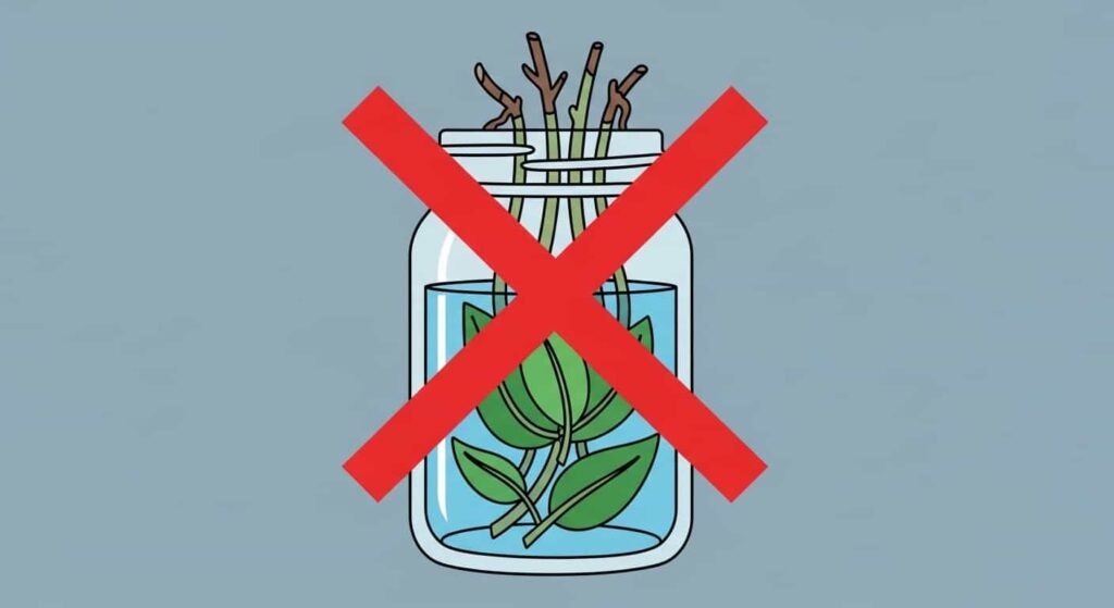 Cartoon illustration showing a common propagation mistake of Peperomia leaves submerged in water causing rot.