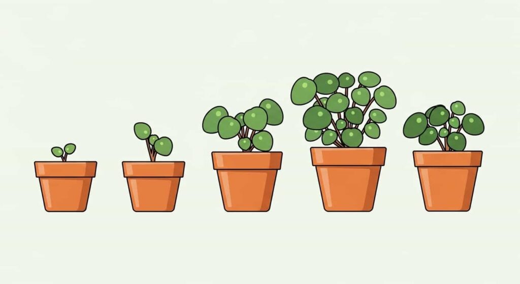 Flat cartoon illustration of multiple Peperomia plants in small pots representing successful propagation results.