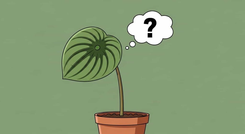 Cartoon Peperomia leaf cutting in soil with question mark for propagation FAQ