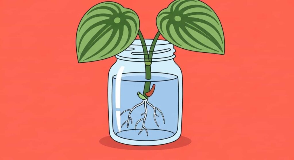 Cartoon illustration of propagating a Peperomia obtusifolia stem cutting in a glass of water with visible roots forming.