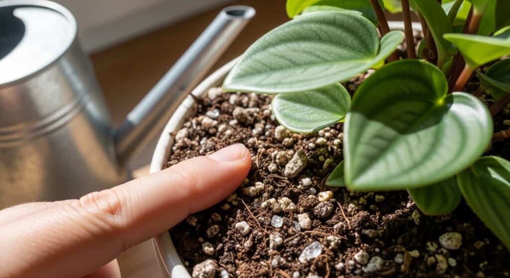 A finger checking soil moisture level in a Peperomia obtusifolia pot with chunky well-draining soil mix visible