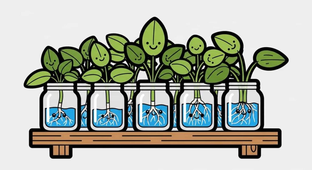 Cartoon illustration of multiple Peperomia cuttings successfully rooted in glass jars on a shelf.