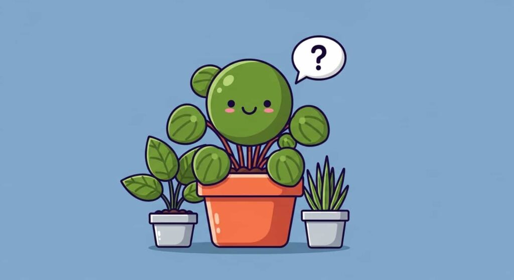 Cartoon image featuring a Peperomia plant with a question mark, representing frequently asked questions about plant division and care.