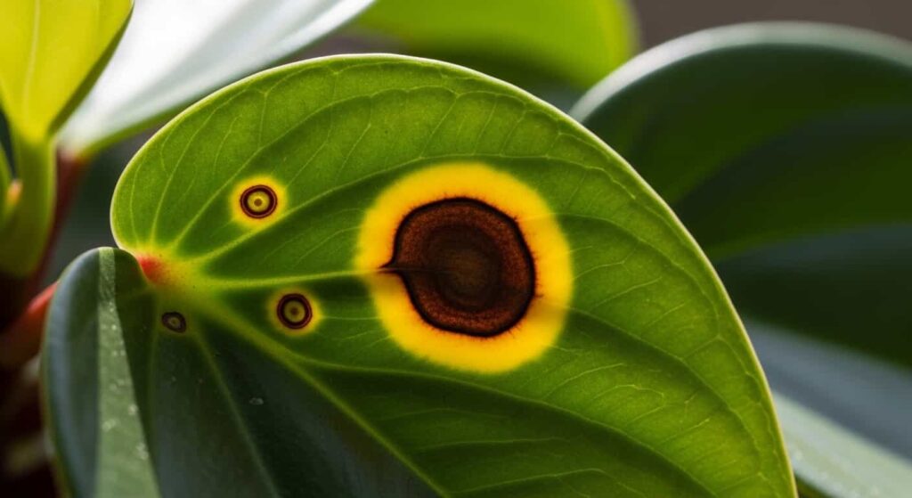 Fungal leaf spot on Peperomia Obtusifolia showing dark brown center with yellow halo ring infection symptom