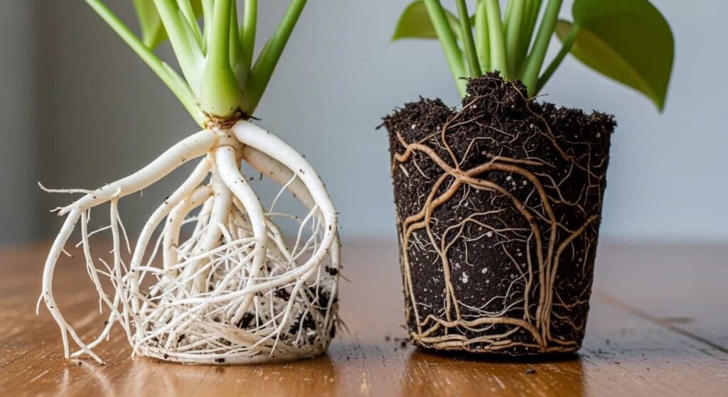 Comparison of healthy white roots versus dark mushy rotted roots on baby rubber plant for diagnosing root rot